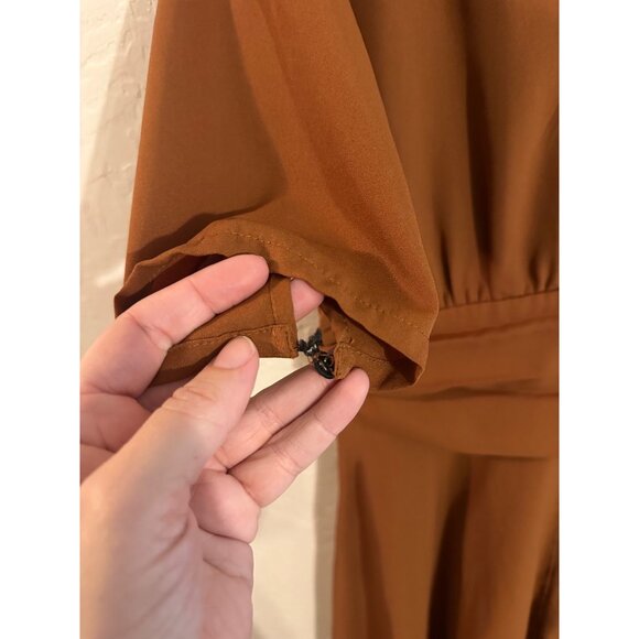 Y eShakti Retro Mocha Brown V Neck Ruched Middle Swing Midi Dress - Picture 8 of 15